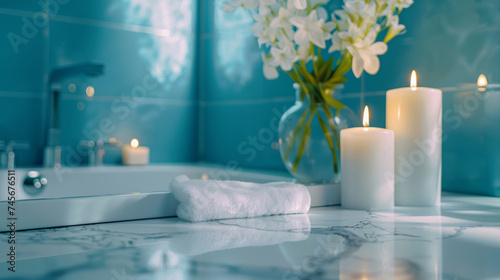 Spa blur bathroom contemporary interior blue light color background white marble table with aroma candle light for show, promote and design content or product on display concept