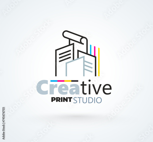 Logo Creative Studio Print theme СMYK color. Printing theme. Papers silhouette lines style. Template design vector. White background.