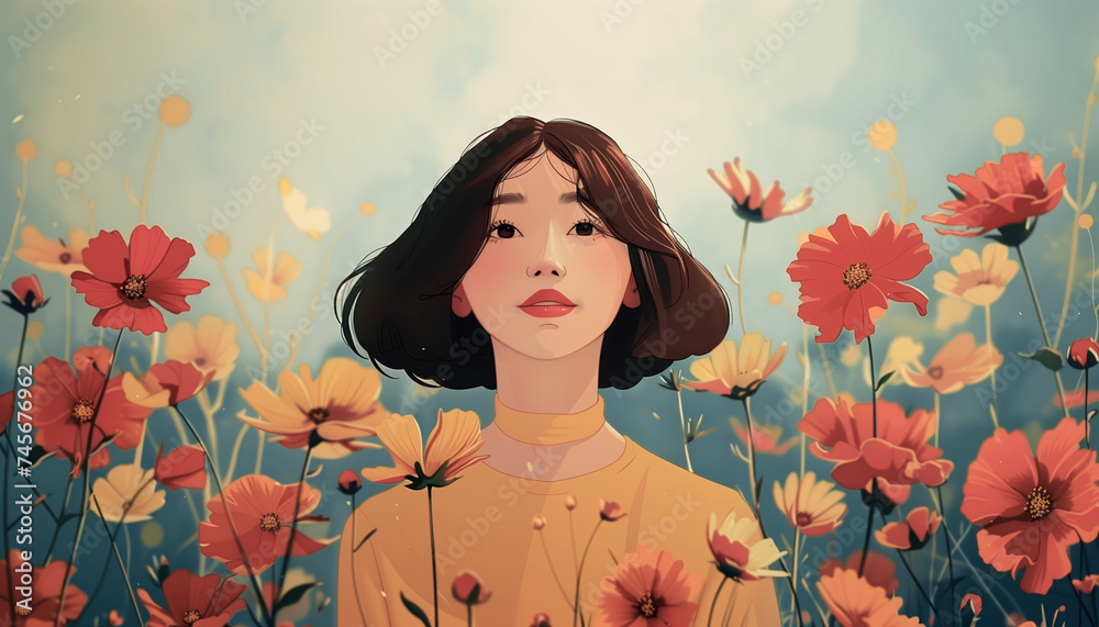 illustration woman day, girl in the field of flowers