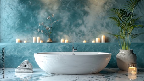 Spa blur bathroom contemporary interior blue light color background white marble table with aroma candle light for show  promote and design content or product on display concept