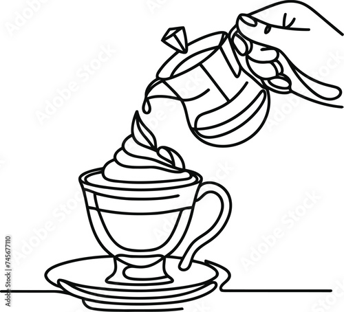 coffee in continuous line drawing minimalist style, food illustration. coffee shop, machiato, affogato,  