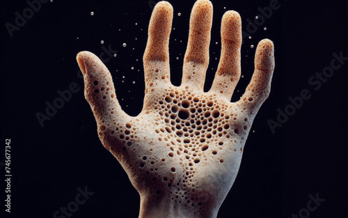 Image of a hand covered in many small holes, causing the feeling of discomfort or fear associated with trypophobia photo