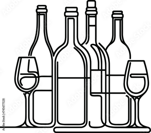 wine drink in continuous line drawing minimalist style, food illustration, party, valentine, bottle of wine, 