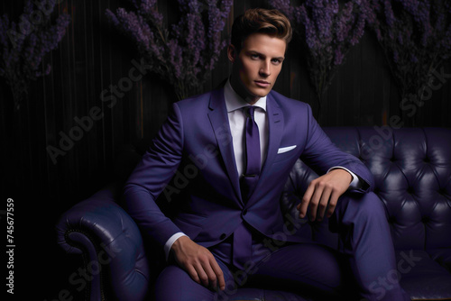 An elegant male model donning a sophisticated lavender suit, striking a poised pose against a backdrop of deep navy blue.