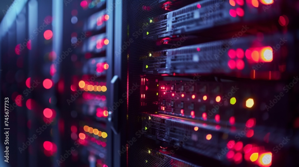 A close-up view of a server rack with glowing red LED lights in a dark data center, symbolizing network infrastructure and technology.