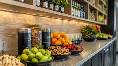 Enhanced by natural lighting in a contemporary home setting, a wooden kitchen counter hosts a vibrant display of fresh fruits and nuts, adding a touch of color and freshness to the culinary space.