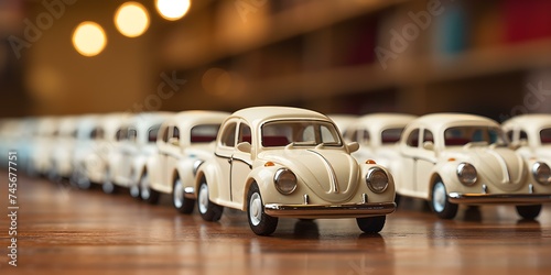 A group of white toy cars neatly parked in a row. Concept Toy Cars, Miniature Collection, Playful Display, Neat Arrangement photo