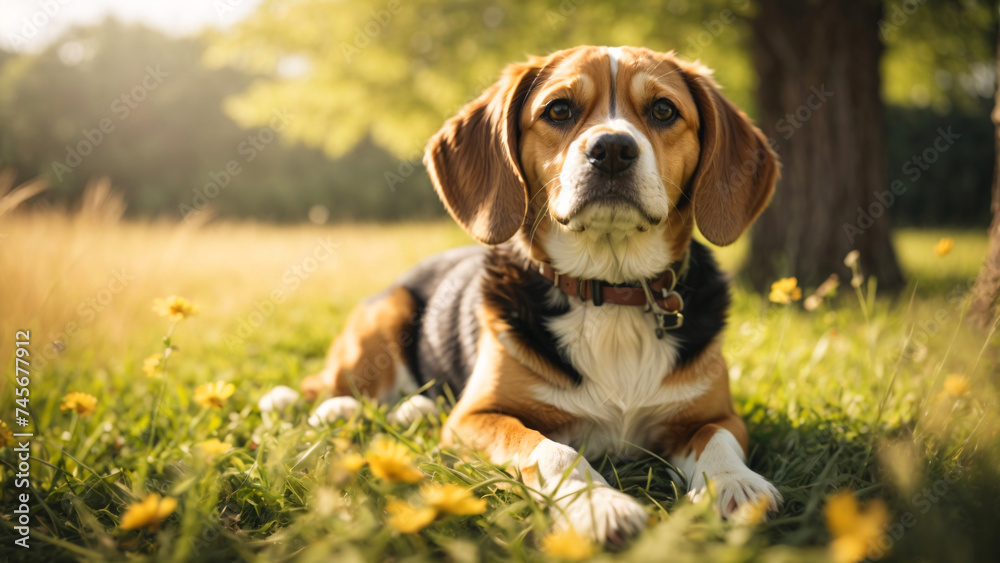 Relaxing in a sunny field, this beagle dog enjoys a peaceful day amidst blooming flowers