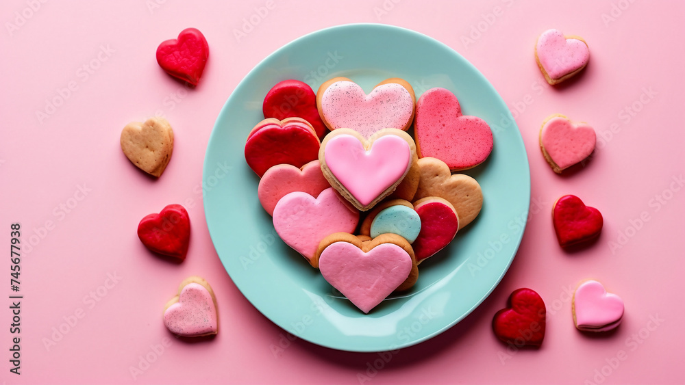 A plate full of heart-shaped cookies in varying pink hues evoke feelings of love, affection, and festive celebration A plate full of heart-shaped cookies in varying pink hues evoke feelings of love, affection, and festive celebration