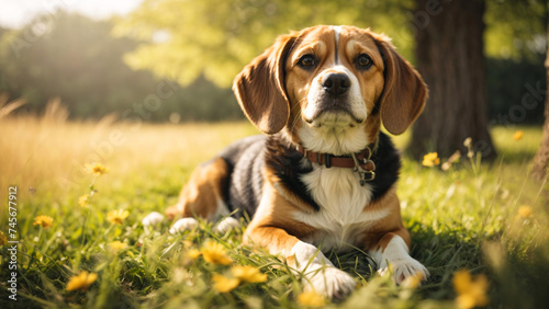 Relaxing in a sunny field, this beagle dog enjoys a peaceful day amidst blooming flowers
