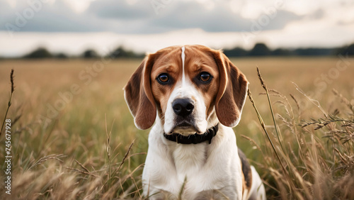 A serene setting with a beagle sitting amidst the grass, peering into the distance beyond the blurred face