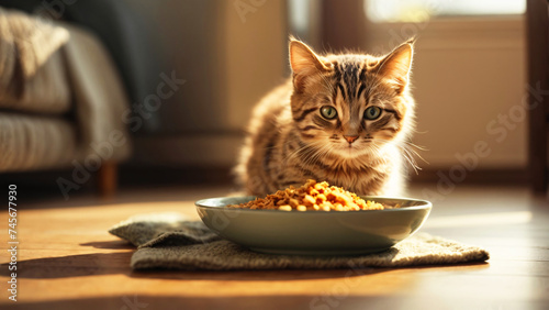 An attentive cat with mesmerizing eyes looking forward as it sits next to a food dish in warm lighting