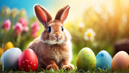 A charming Easter rabbit sits among vibrant  decorated eggs on a patch of green grass with a bright blue sky