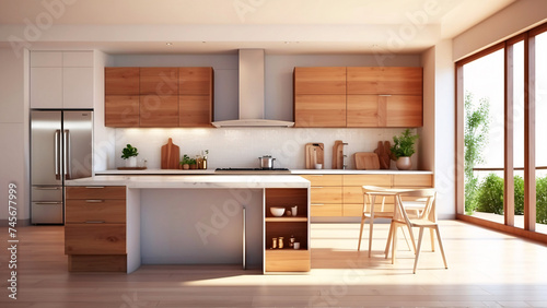 A stylish and contemporary kitchen design  featuring wooden cabinets and a large window allowing ample sunlight