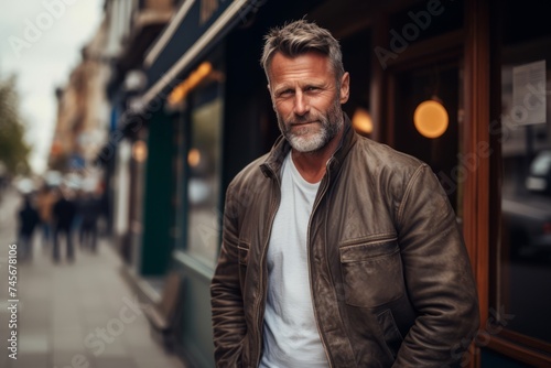 Portrait of handsome mature man in leather jacket walking in the city.