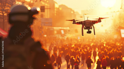 Security agent flying a drone to see and view over the large crowd in background , crowd control concept image