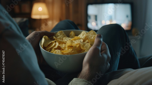 Young man holding a bowl of potato chips in his hands at home in his sofa for movie night in front of the tv photo