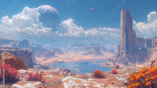 A vibrant sci-fi colony with advanced architecture set against an alien landscape and a giant moon in the sky.