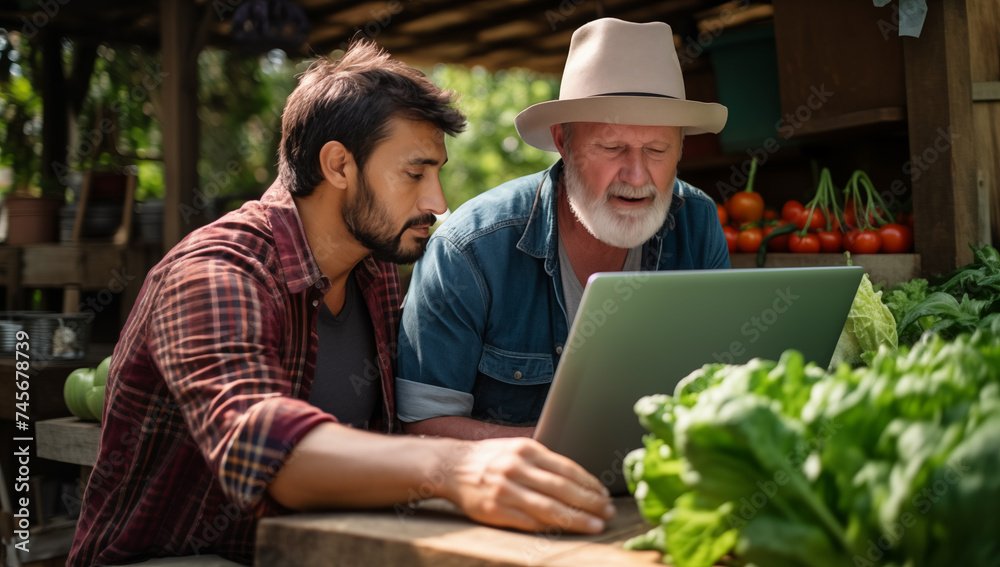 Farmers with vegetables at a wooden table, looking at a laptop, at a farmers' market. Background of produce and shelves underscores agricultural business.