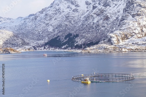 Fish farm during winter season at Norway, Europe.