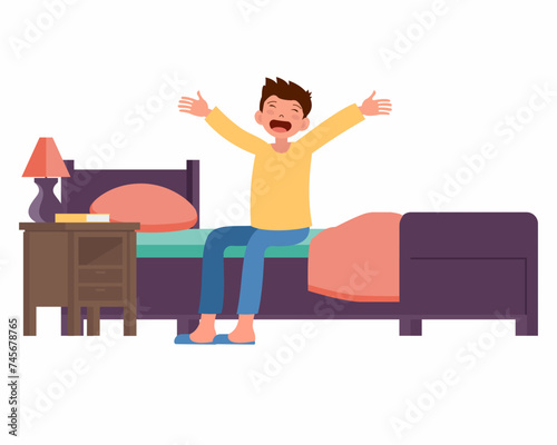 Happy young men wake up in the morning and stretching flat vector illustration.
