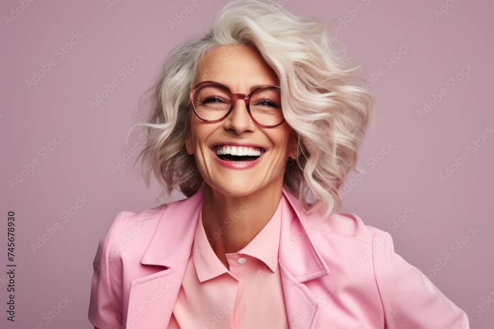 Portrait of a happy senior business woman in glasses over pink background.