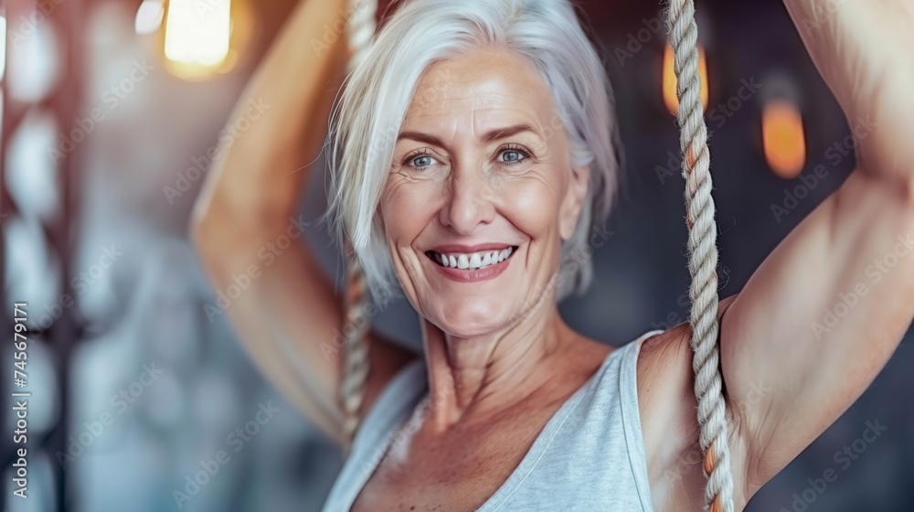 Radiant Senior Woman with White Hair Enjoying Rope Exercise Radiant Senior Woman with White Hair Enjoying Rope Exercise