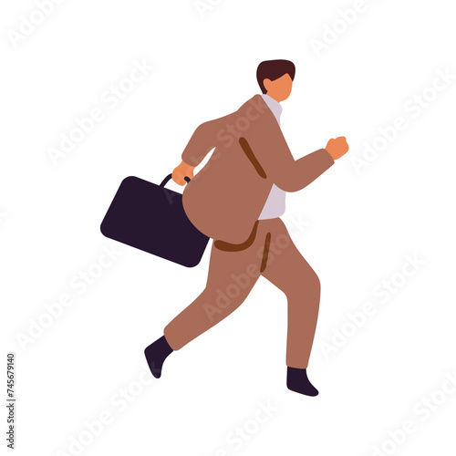 Busy office worker hurries to work. Businessman with briefcase lates. Employee in suit running. Bad time management, delayed deadline concept. Flat isolated vector illustration on white background