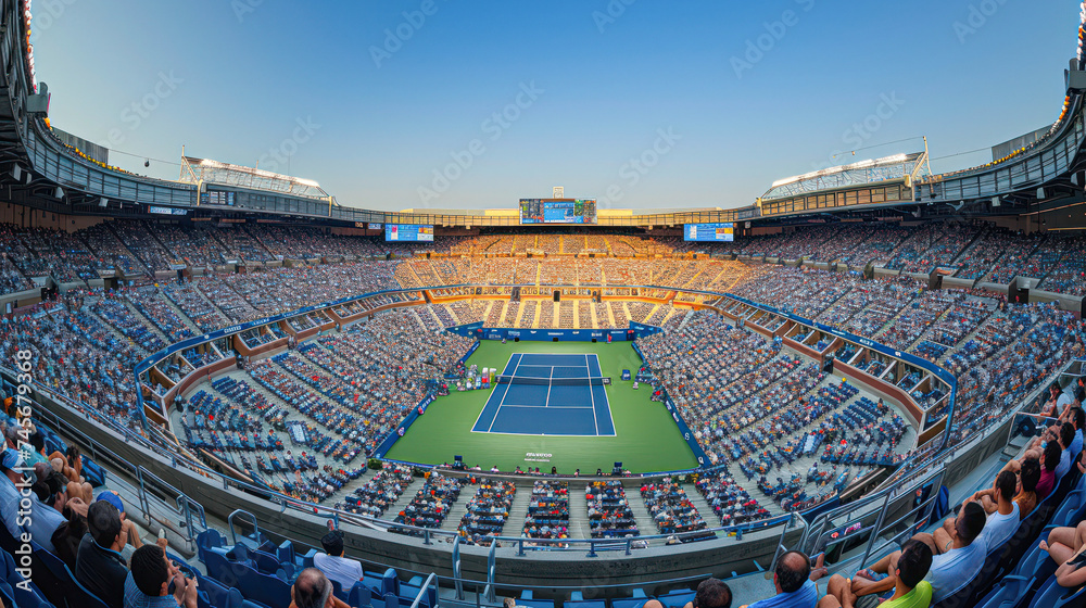 Obraz premium Panoramic view of a packed tennis stadium during a major match.