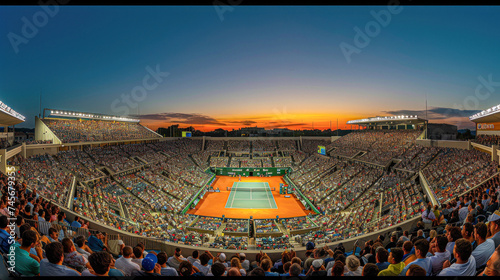 Panoramic view of a packed tennis stadium during a major match.