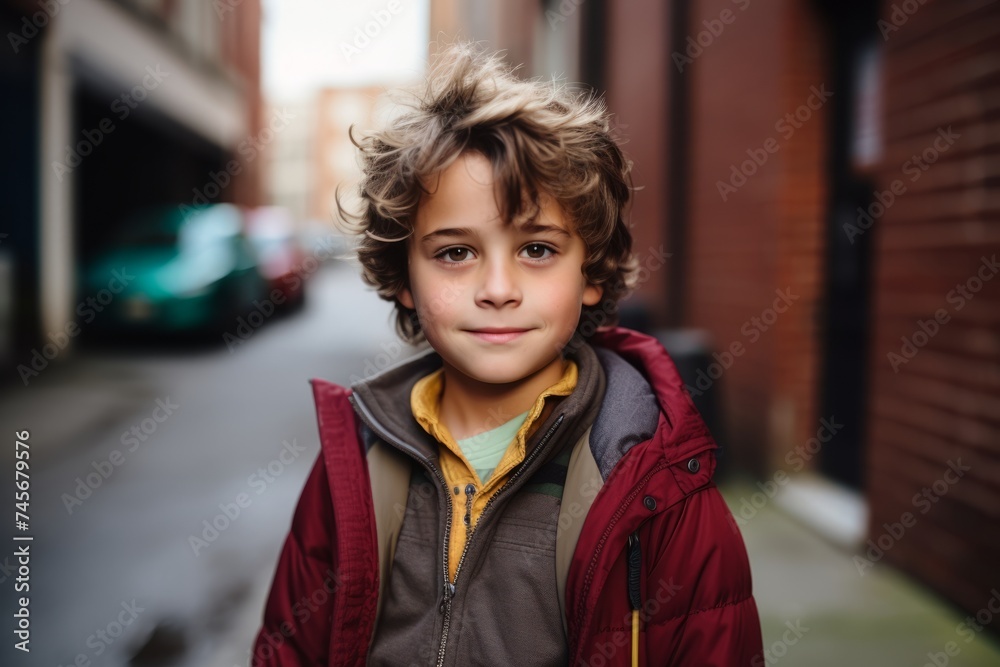 Portrait of a cute little boy in a red jacket on the street