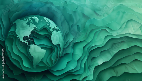 Paper art of Earth surrounded green waves for Earth Day. Holiday concept. Background image focused on green initiatives. Banner with copy space.