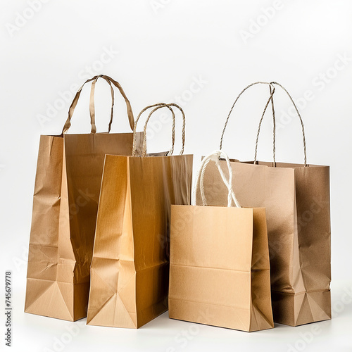 Paper bags for shopping, gifts and food bags minimalist design. Brown kraft paper or cardboard bags with handles. Shopping conceptual trendy. White background. Eco, recycle