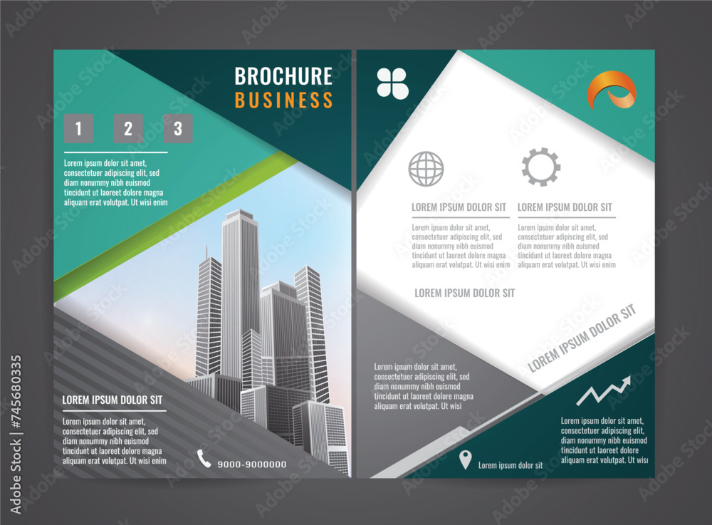 Modern green brochure design template. A4 Business Banner and Flyer Template with Modern City Illustration