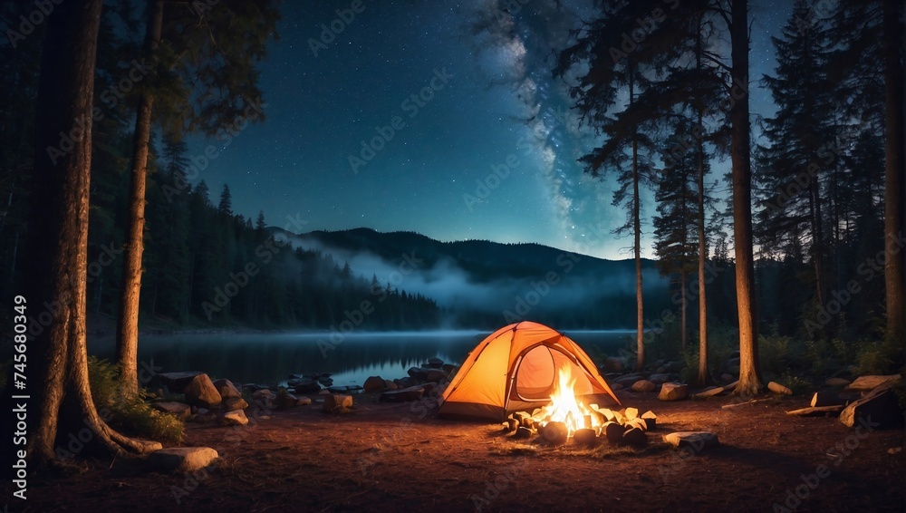 Illuminated Tent in Forest at Night