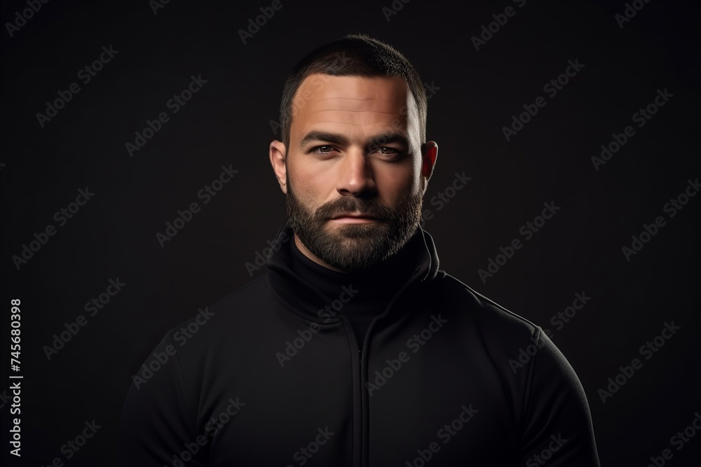 Portrait of a handsome man in a black hoodie on a dark background. Portrait of a handsome man in a black hoodie on a dark background.