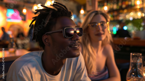 Man with smart glasses in bar
