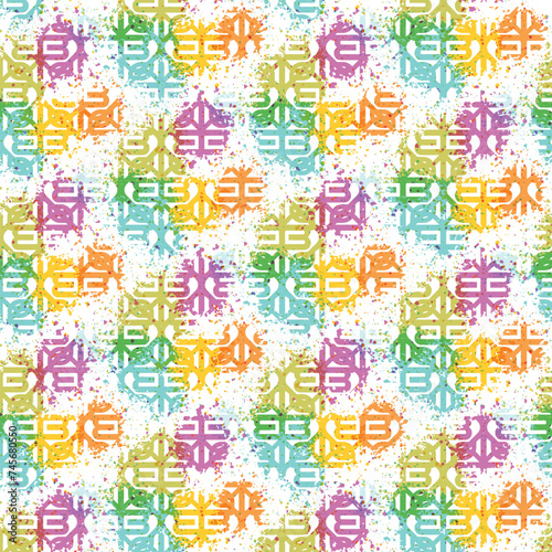 A bright and cheerful background with geometric shapes and a splattered paint effect in a rainbow of colors.