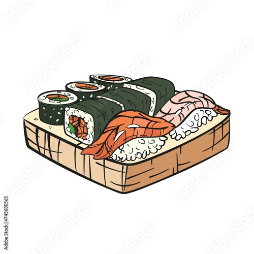 Sushi roll set with shrimp and salmon on wooden plate. Hand drawn isolated vector illustration. Traditional Asian food.