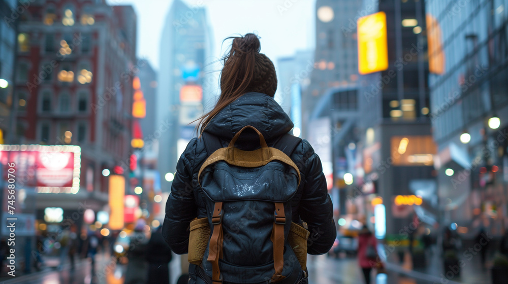 In the midst of a bustling city, a determined woman stands near a business district In the midst of a bustling city, a determined woman stands near a business district