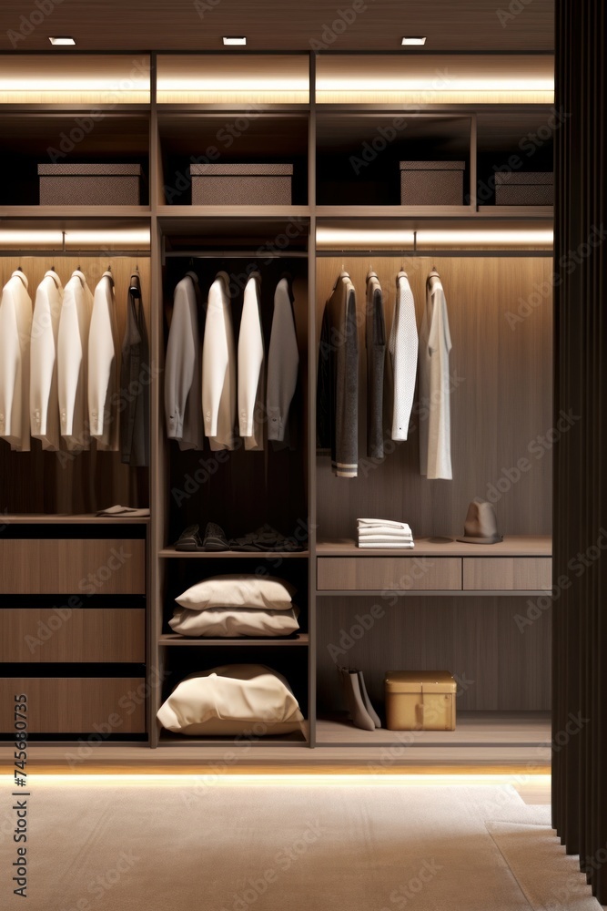 Modern, luxury brown wooden built in, walk in closet wardrobe on carpet floor in bedroom, shelf, hidden light with organized clothes, storage box for interior design, fashion, Generative AI