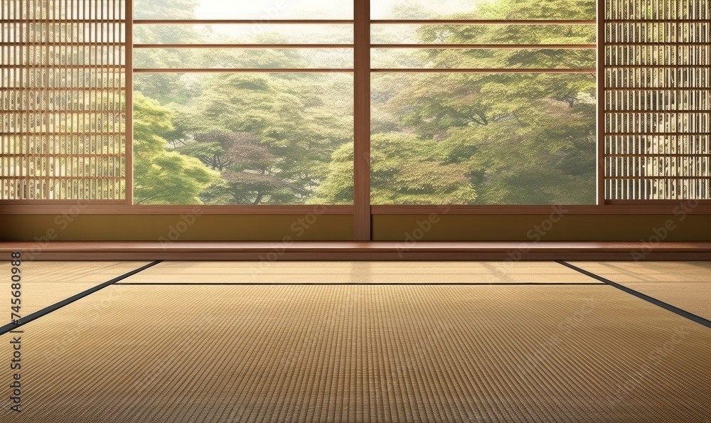 Close up of Japanese tatami mat floor, wooden frame shoji window in sunlight with green tree view for East Asian interior design decoration, architecture, product display background, Generative AI - obrazy, fototapety, plakaty 