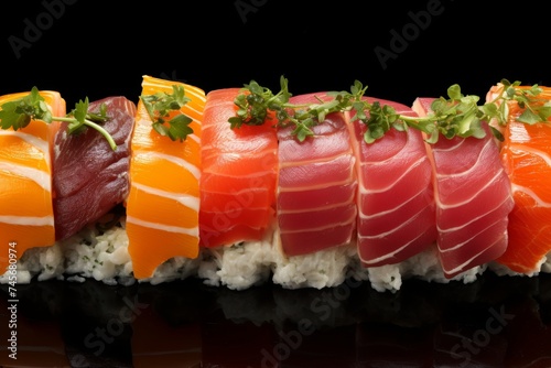Beautifully arranged delicious sushi rolls for serving, close-up shot on tabletop