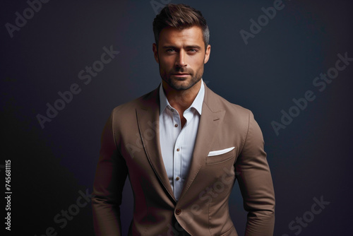 Stylish man in a suave taupe suit, showcasing sophistication against a luxurious navy blue background.