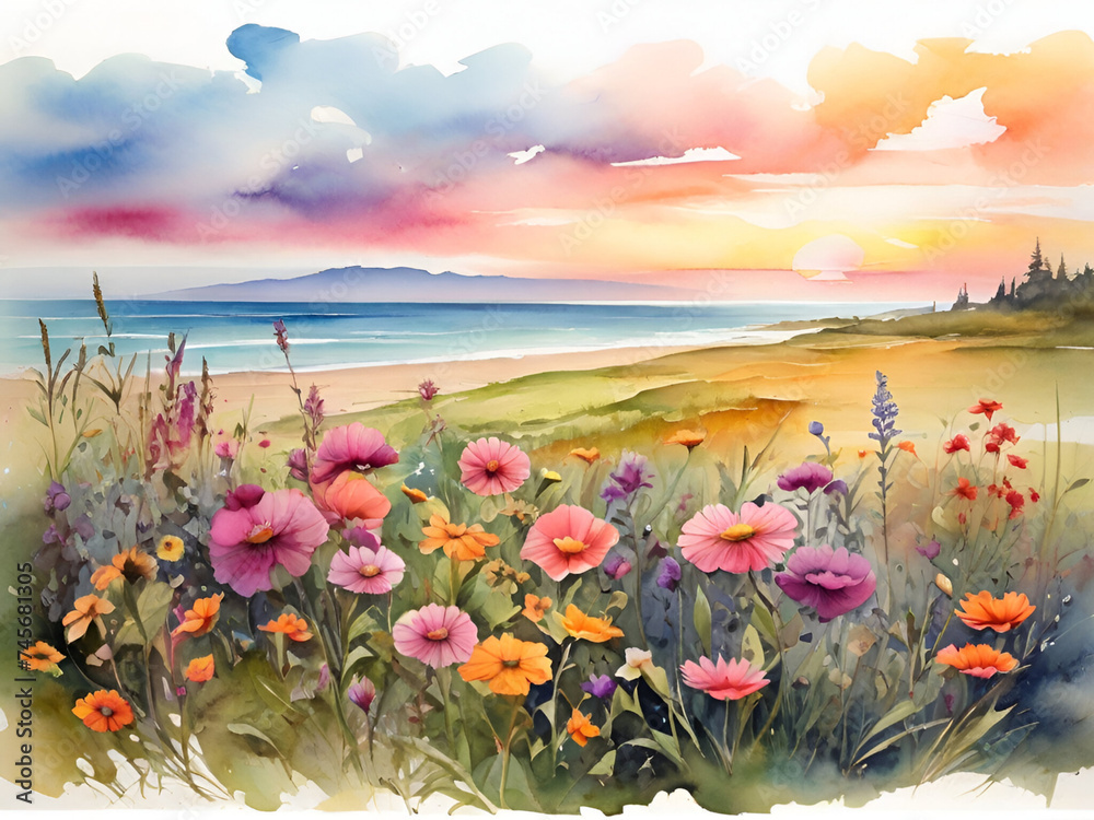Beautiful sunrise landscape wild flowers at the lake watercolor background