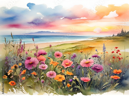 Beautiful sunrise landscape wild flowers at the lake watercolor background © AMORNRAT