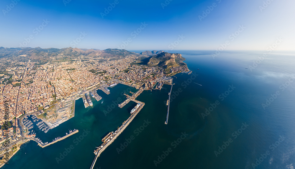 Palermo, Sicily, Italy. City port with ships and cruise ships. Sunny summer day. Aerial view