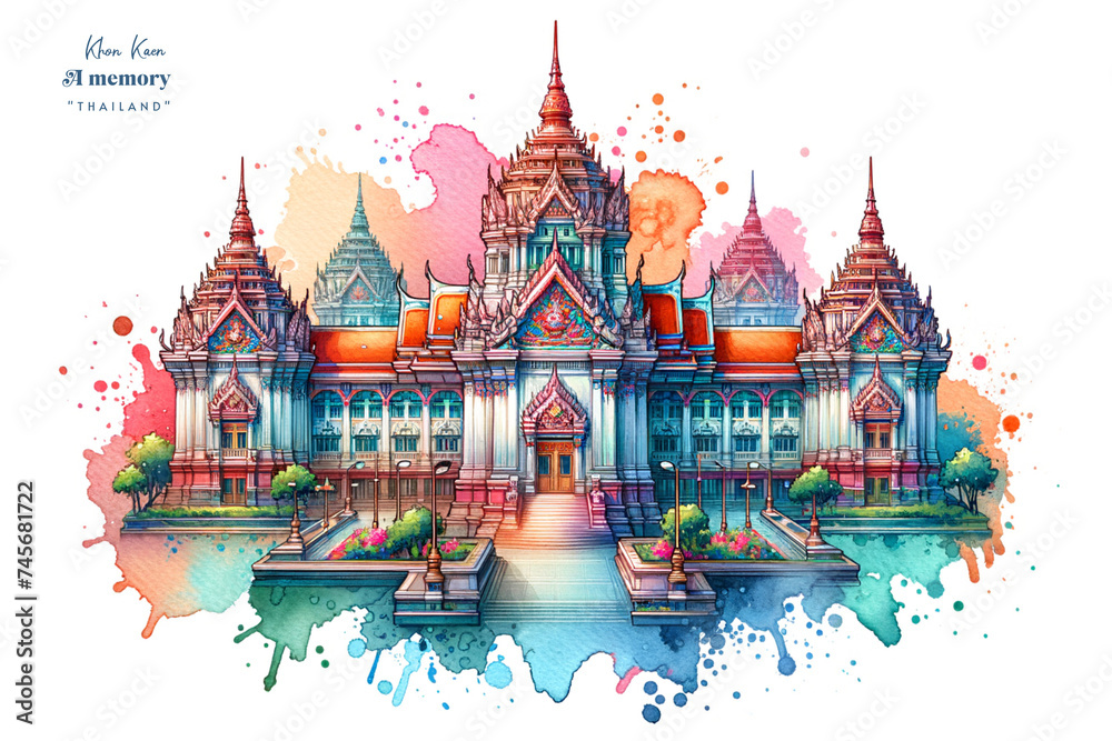 Splendid Vistas of Khon Kaen, Thailand Temple - A Watercolor Homage