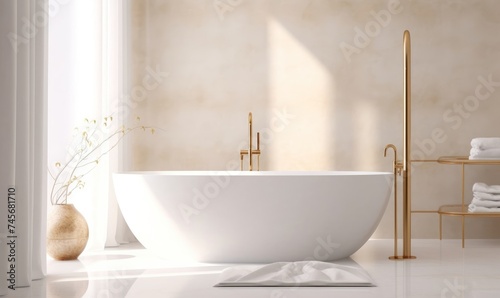 White ceramic bathtub  gold shower head  blowing sheer curtain  towel rack stand in sunlight on beige brown stucco texture wall  marble floor for luxury  modern interior  Generative AI
