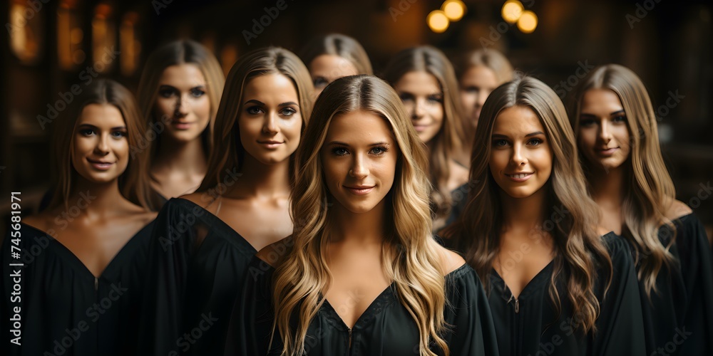Obraz premium A group of determined female graduates anticipate their promising futures ahead. Concept Feminist Graduation, Future Success, Strong Women, Empowered Graduates, Ambitious Women